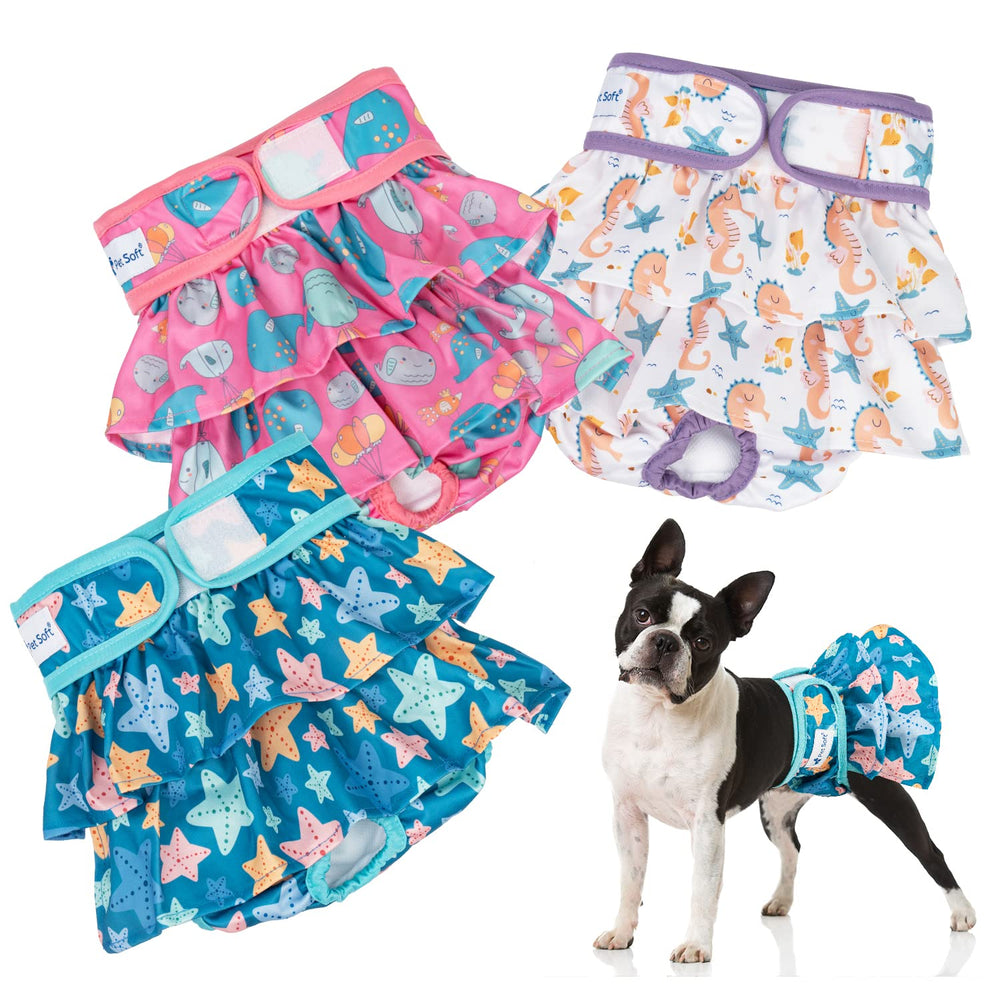 Pet Soft Ocean front view of dress-style diaper showing comfy fit for small dogs