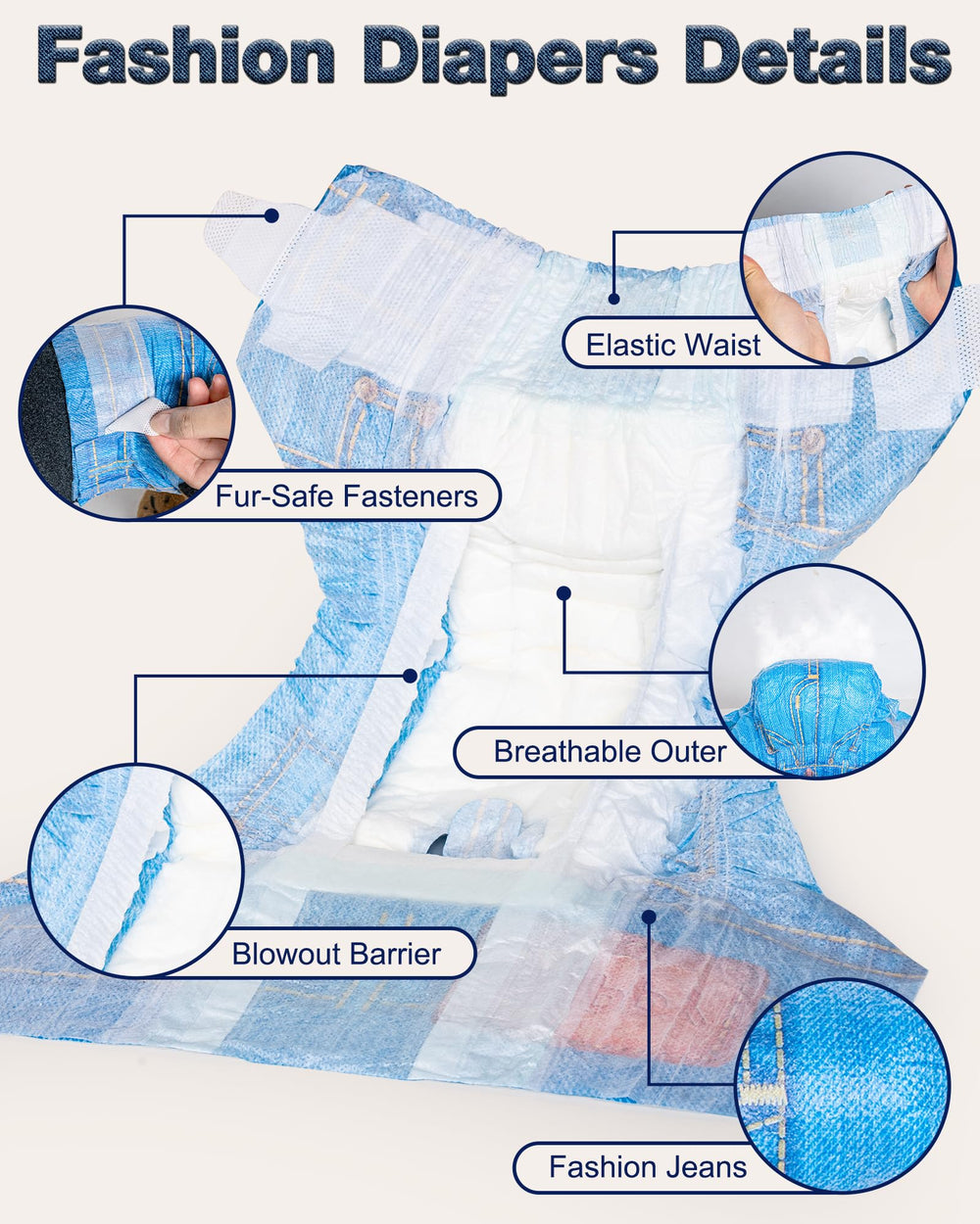 Pet Soft fur-safe fasteners on diaper, keeps diaper in place without fur pulling.