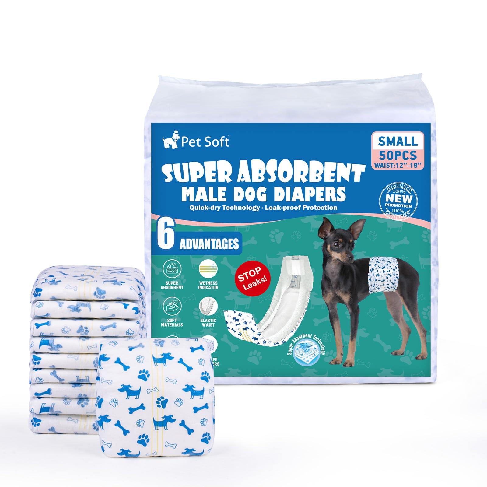 Pet Soft male dog diapers pack front view showing clean design and secure fit