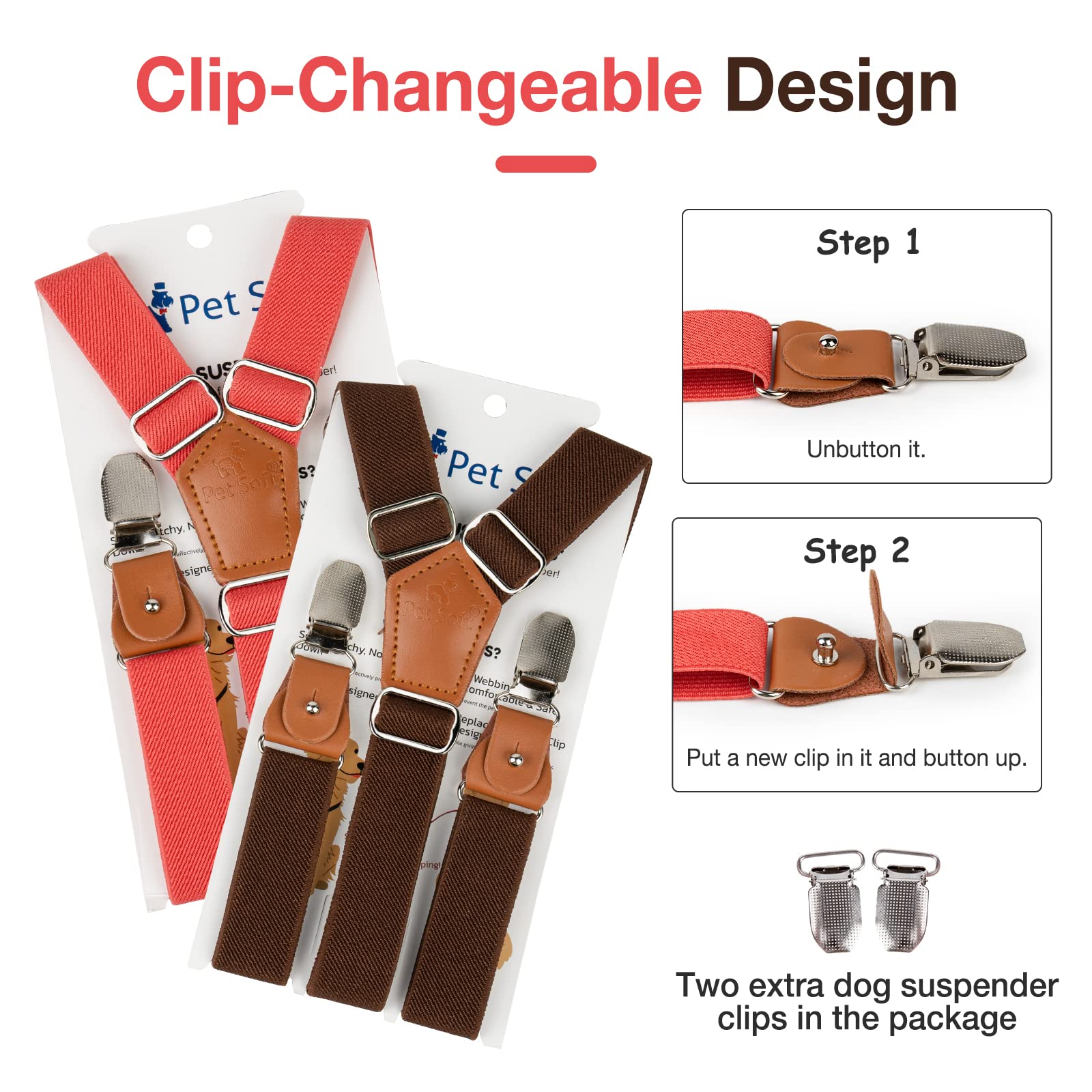 Pet Soft two-pack suspenders with replaceable metal clips for easy maintenance