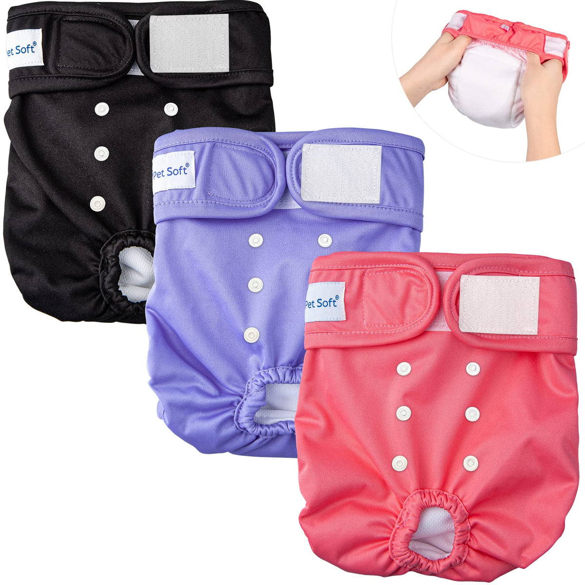 Pet Soft waistband closeup shows secure fit and leak protection.