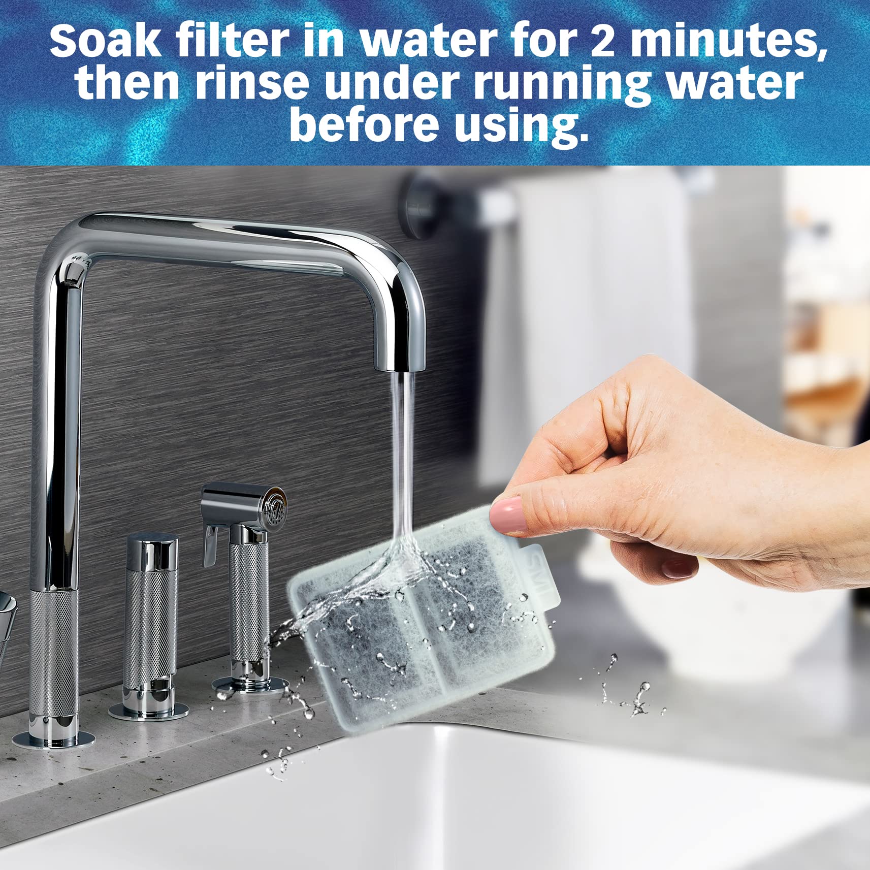 PET STANDARD instruction image showing soak and rinse before use.