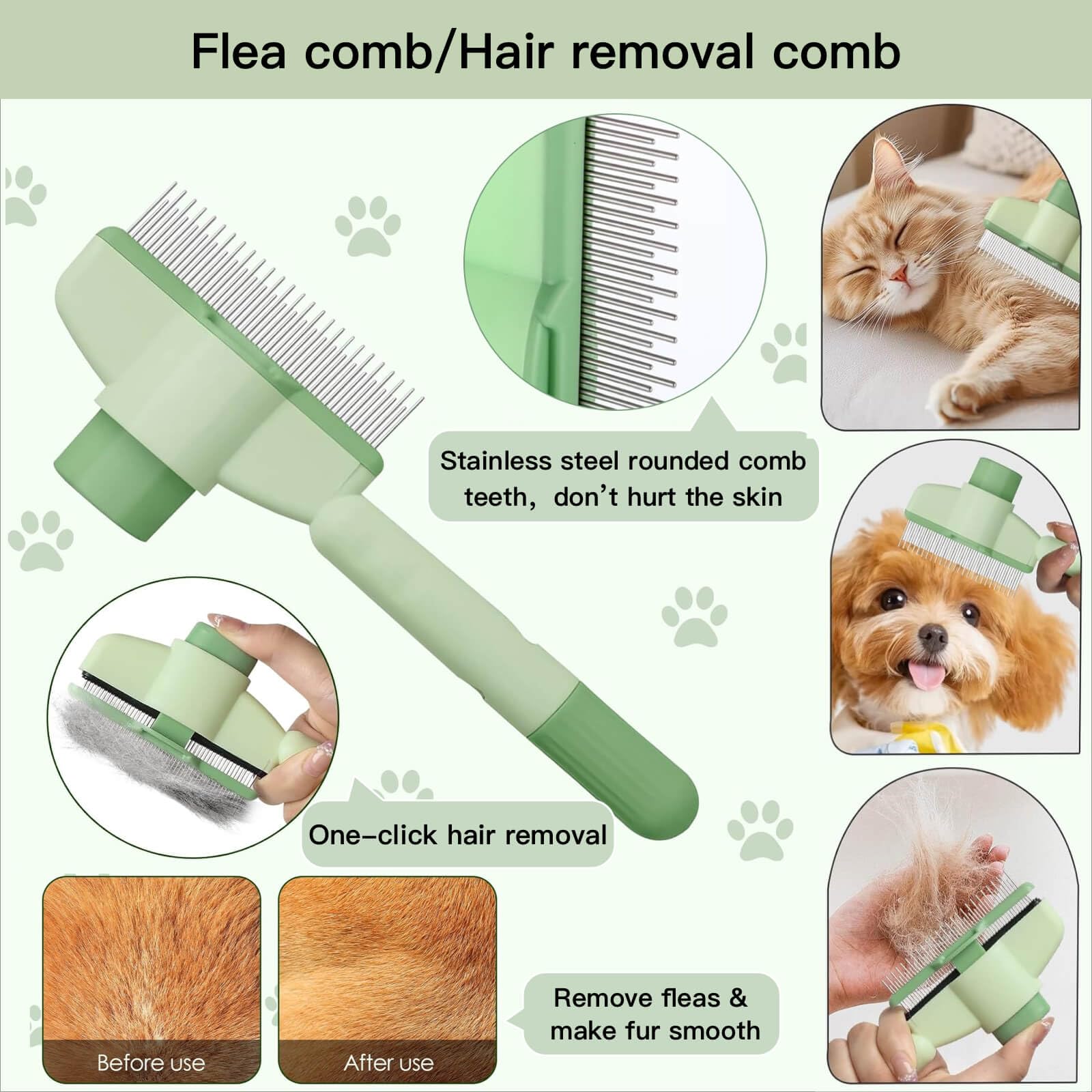 Pet supplies one-touch self-cleaning flea comb removes hair quickly