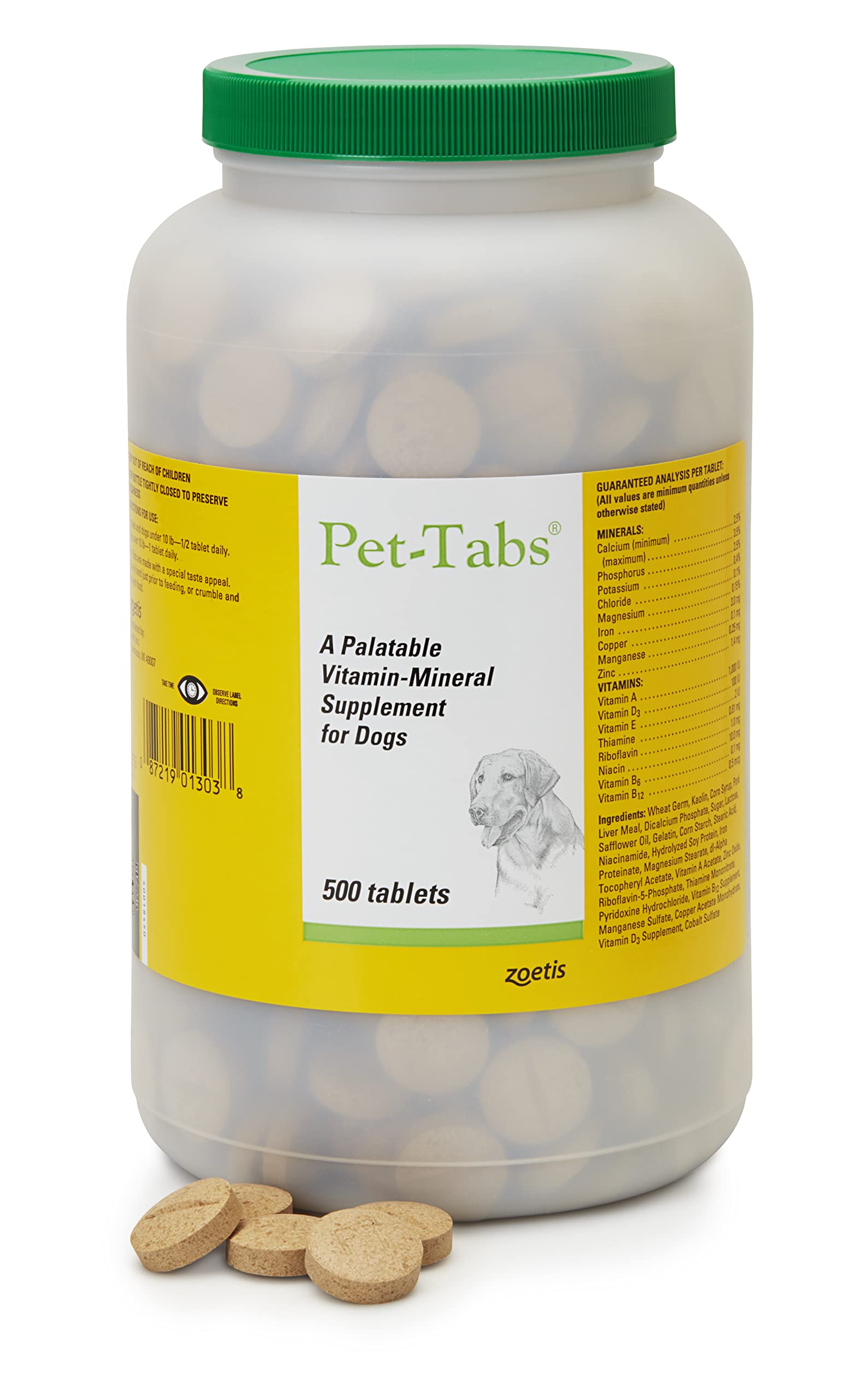 Pet-Tabs multivitamin dog chewable bottle supports daily canine nutrition with liver-flavor appeal.