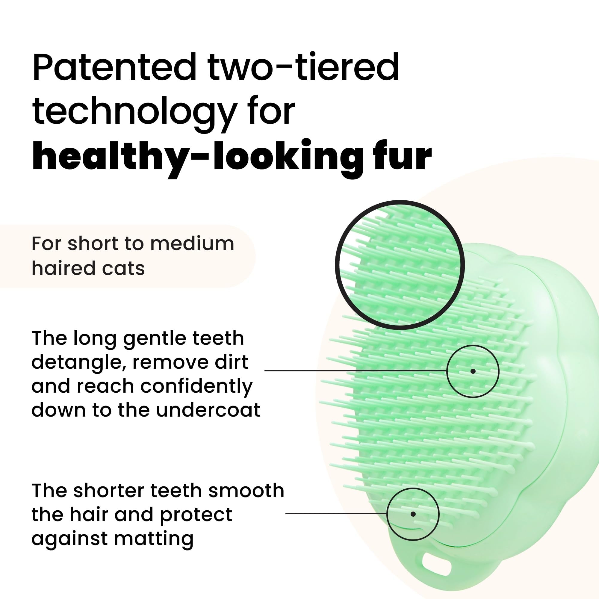 Pet Teezer Cat Brush showing two-tier teeth for gentle detangling and undercoat reach.