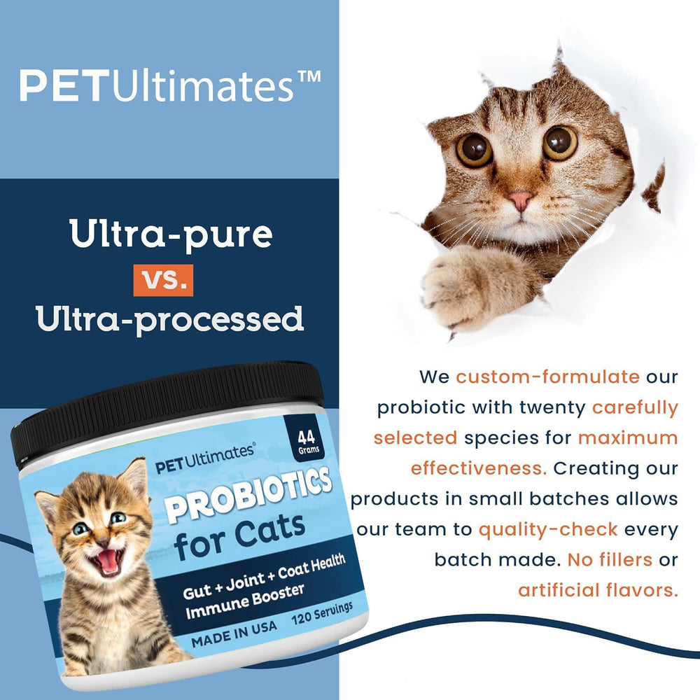 Pet Ultimates Probiotics for Cats no-fillers formula uses clean ingredients.