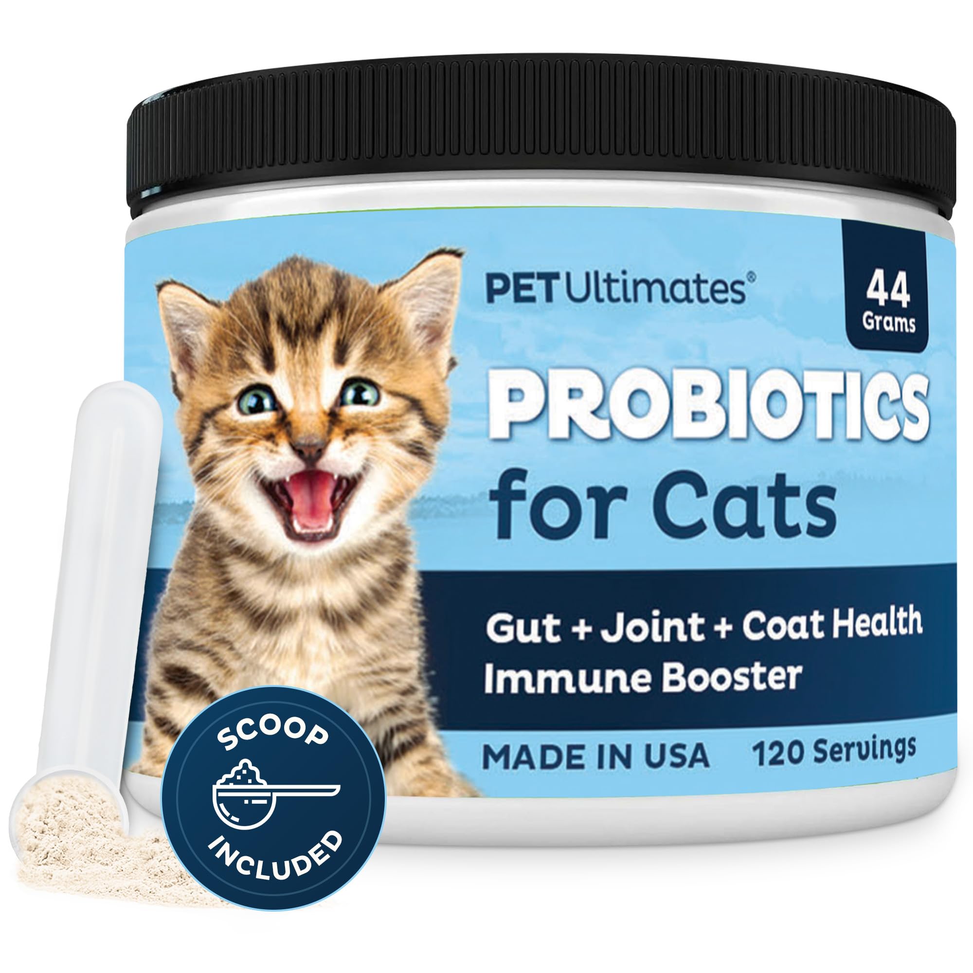 Pet Ultimates Probiotics for Cats powder dispenses into food for gentle digestion.