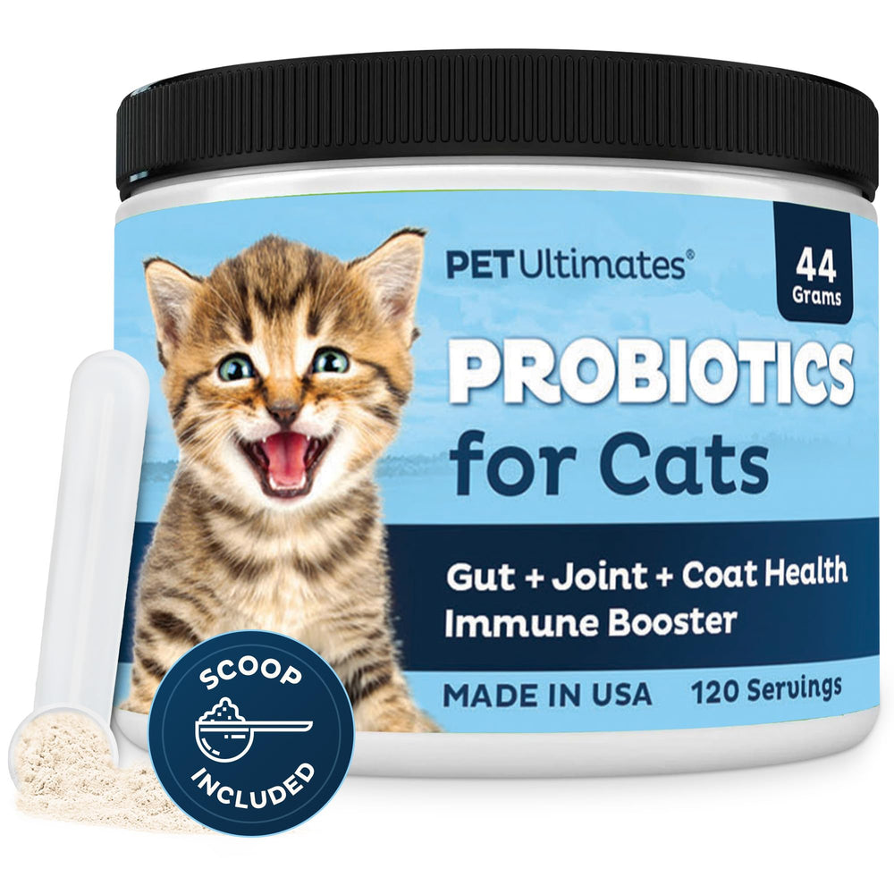 Pet Ultimates Probiotics for Cats powder dispenses into food for gentle digestion.