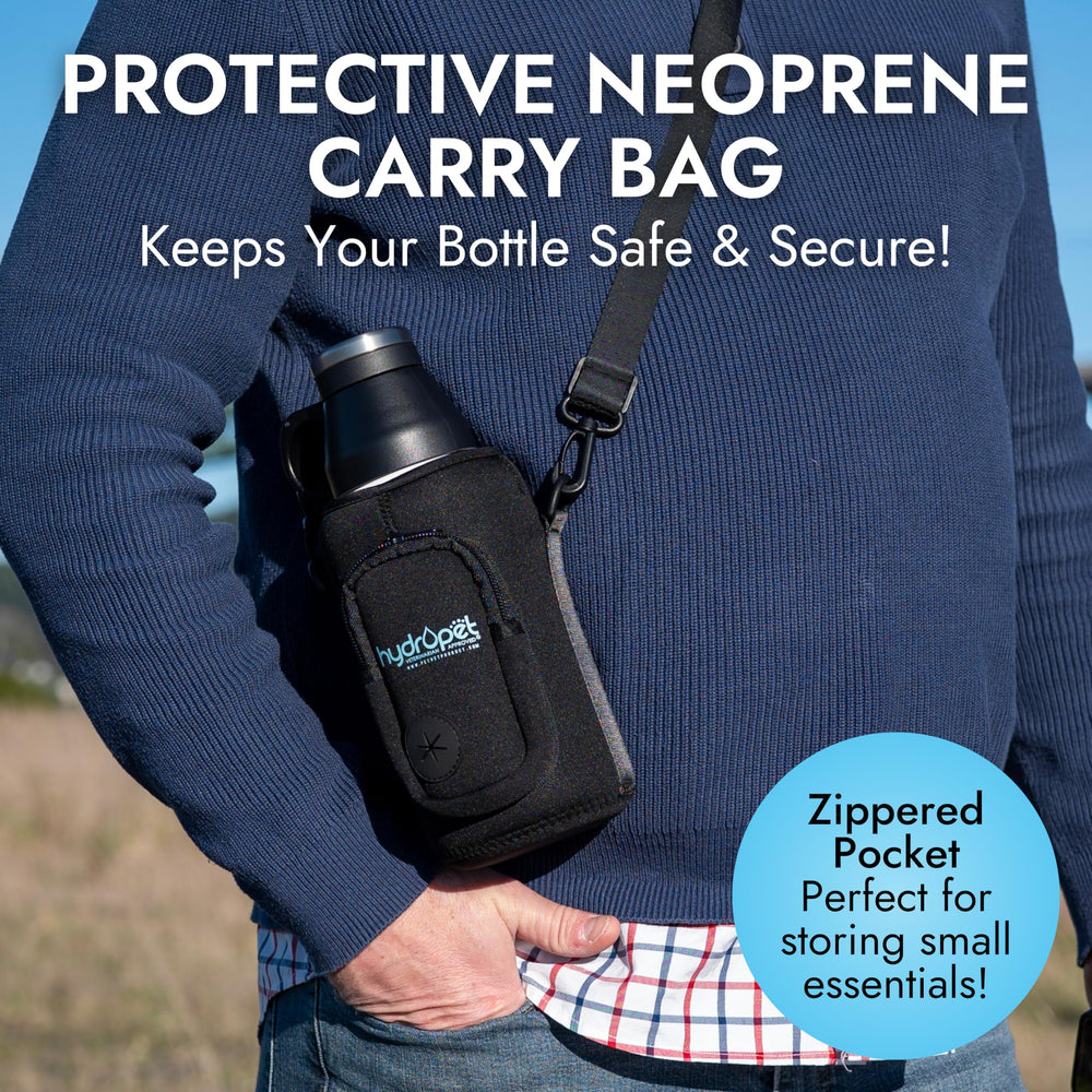 Pet Vet Hydropet neoprene carry bag illustrates hands-free transport and organized essentials