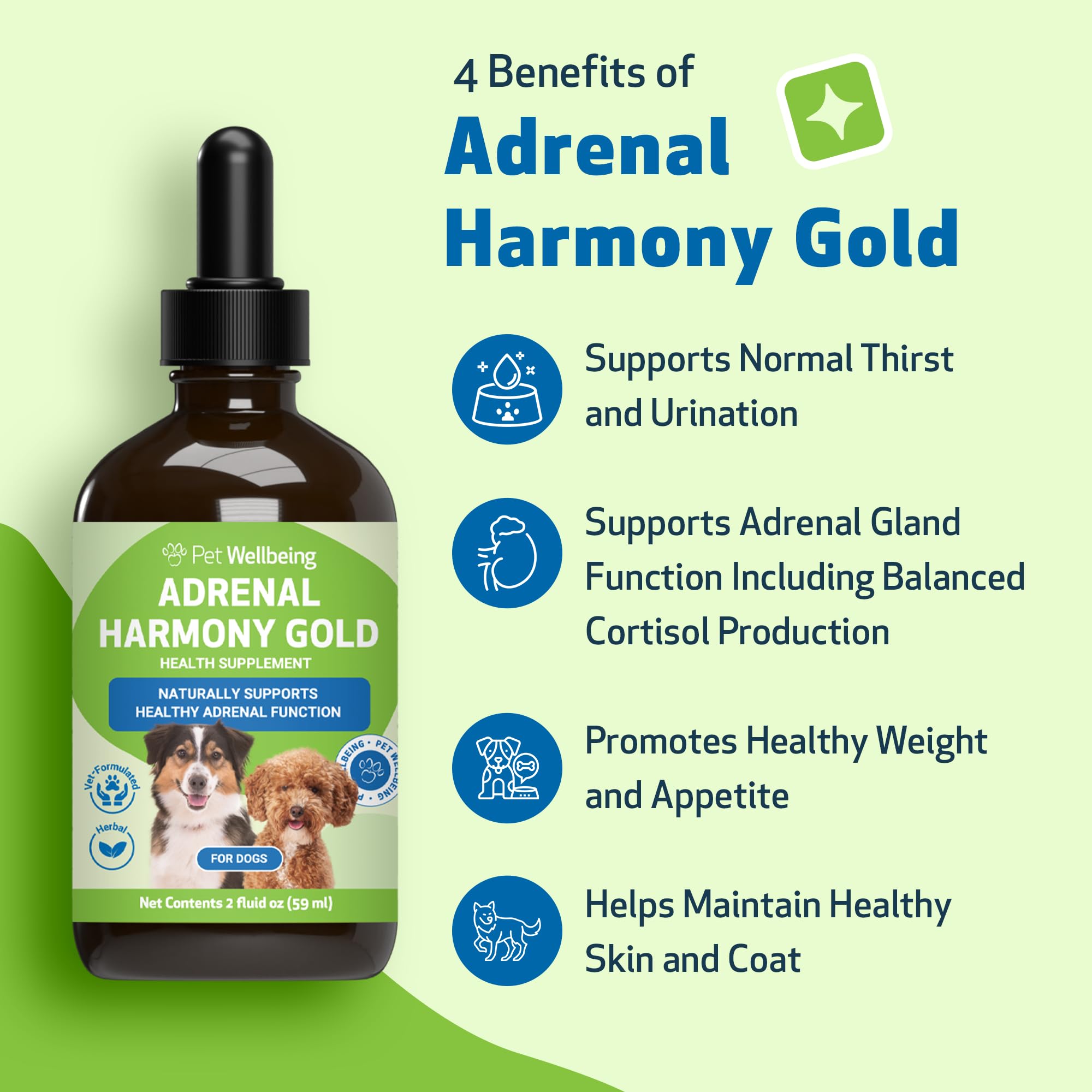 Pet Wellbeing Adrenal Harmony Gold with Ashwagandha offers vitality through herbal support.