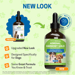 Pet Wellbeing Adrenal Harmony Gold liquid drops highlight fast absorption in dogs.