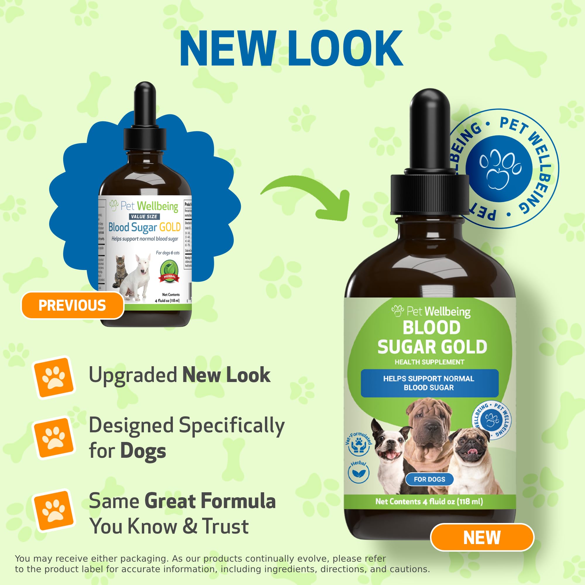 Pet Wellbeing Blood Sugar Gold dogs dropper dispense image highlights precise dosing for routine care.