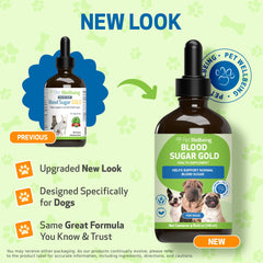 Pet Wellbeing Blood Sugar Gold dogs dropper dispense image highlights precise dosing for routine care.