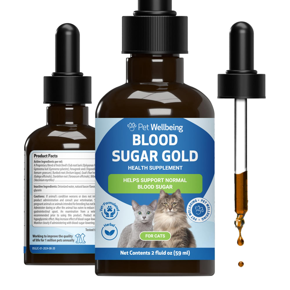 Pet Wellbeing Blood Sugar Gold for Cats bottle front shows holistic blood sugar support in action.