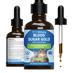 Pet Wellbeing Blood Sugar Gold for Cats bottle front shows holistic blood sugar support in action.