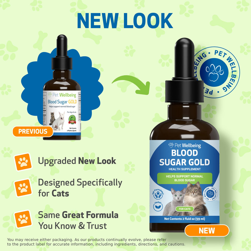 Pet Wellbeing Blood Sugar Gold for Cats bottle pour highlights easy dosing for daily feline support.