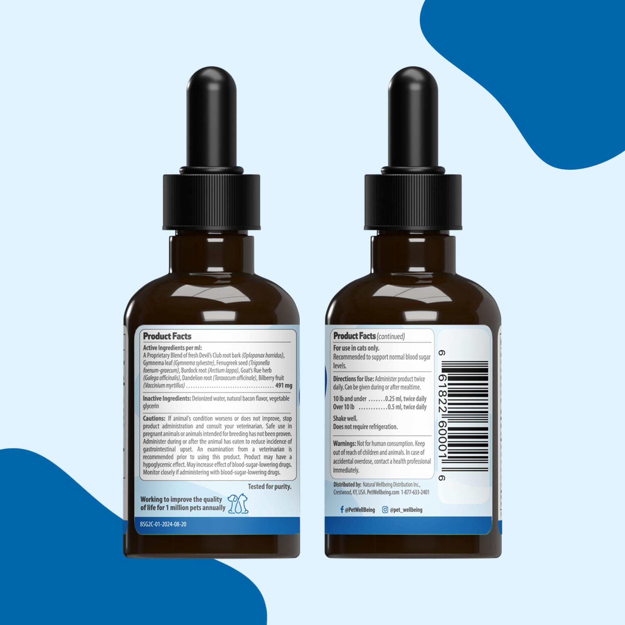 Pet Wellbeing Blood Sugar Gold for Cats liquid paused in dish suggests easy mixing with meals.