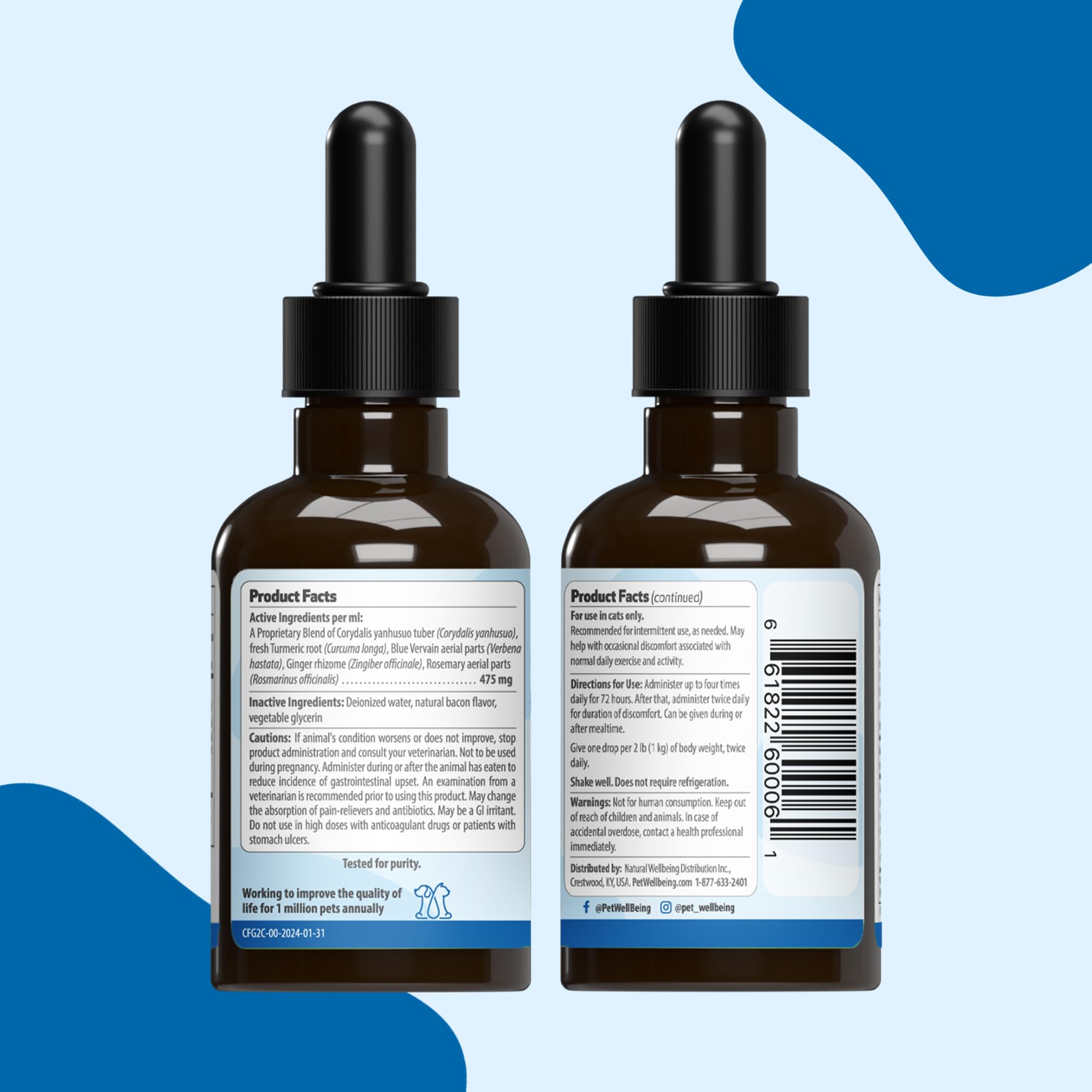 Pet Wellbeing Comfort Gold daily-use bottle shown with dropper for easy dosing.