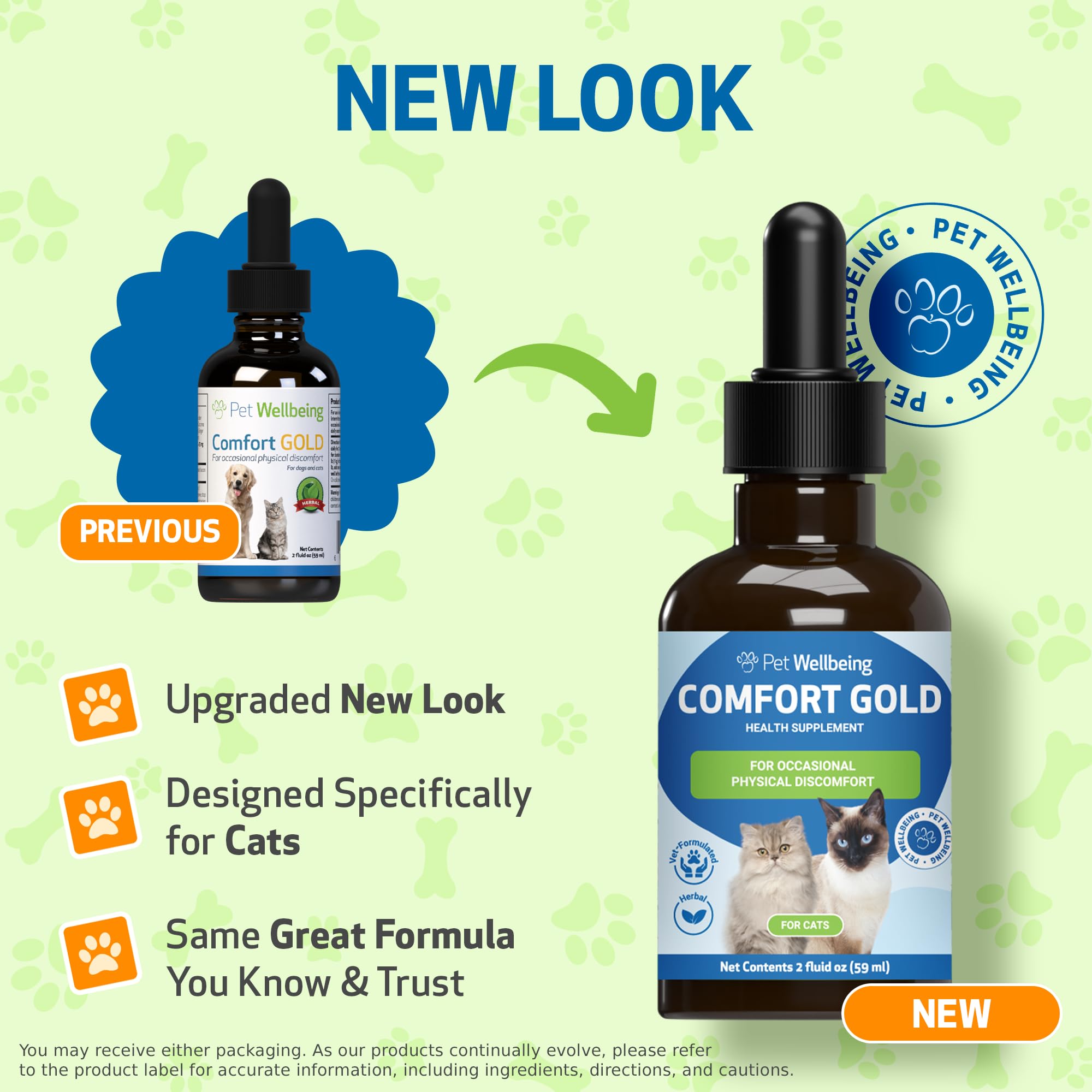 Pet Wellbeing Comfort Gold label close-up showcases a five-herb blend for feline comfort.