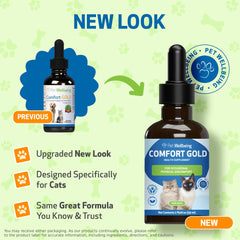 Pet Wellbeing Comfort Gold label close-up showcases a five-herb blend for feline comfort.