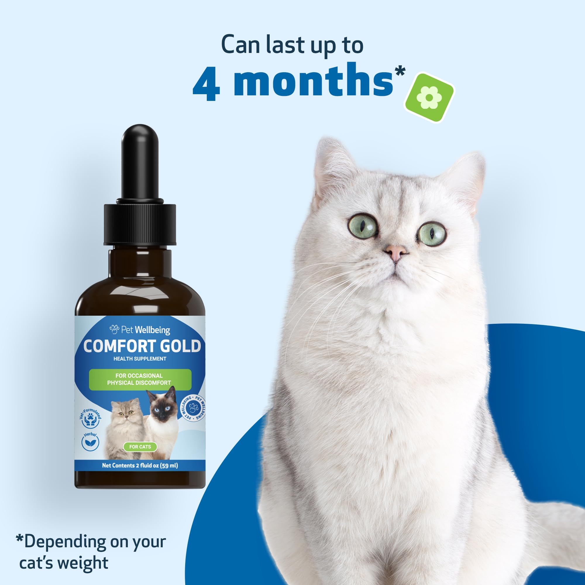 Pet Wellbeing Comfort Gold packaging indicates a convenient 2 oz size for storage.