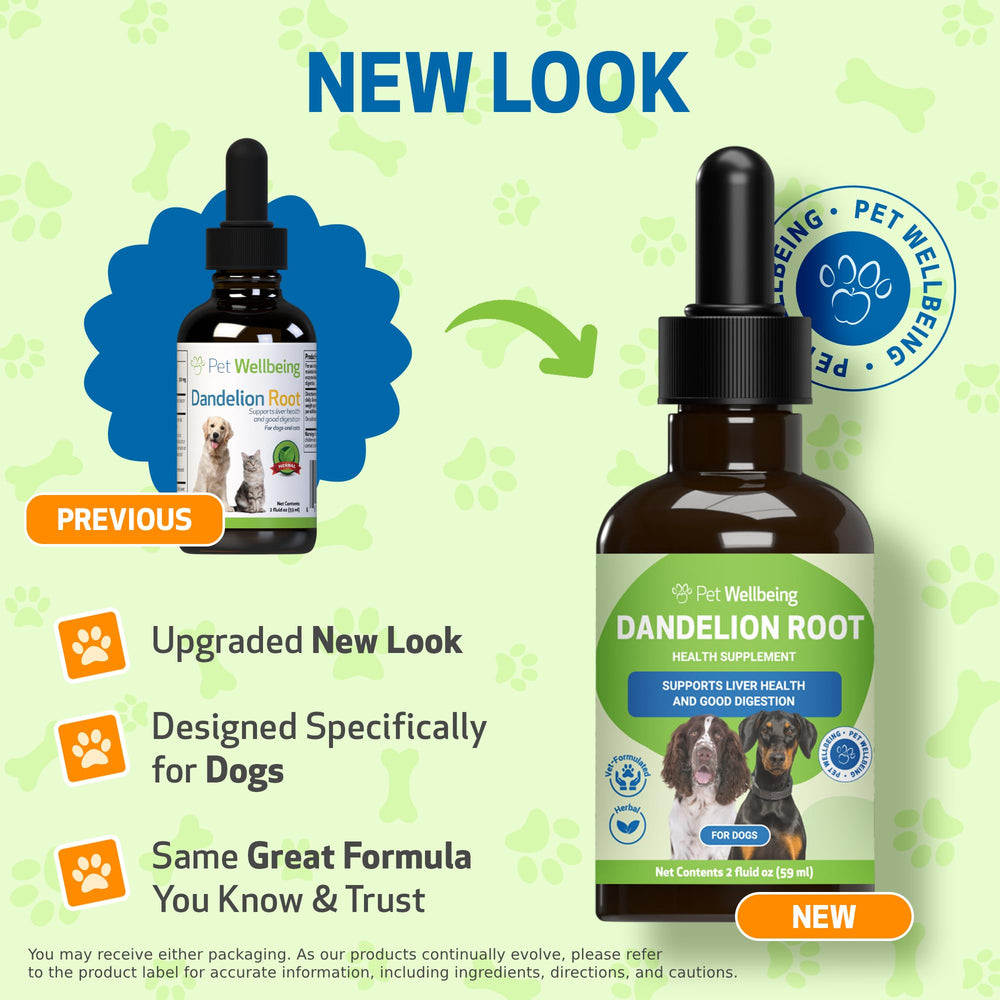 Pet Wellbeing Dandelion Root label highlights organic, vet-formulated care.