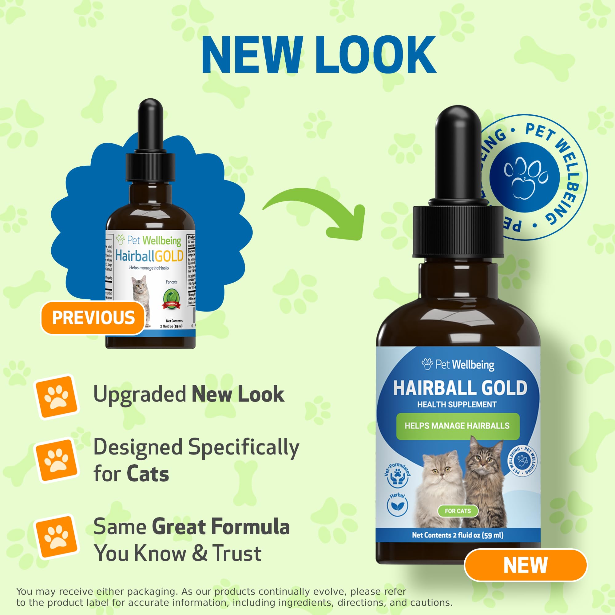Pet Wellbeing Hairball Gold bottle label close-up highlighting ingredients