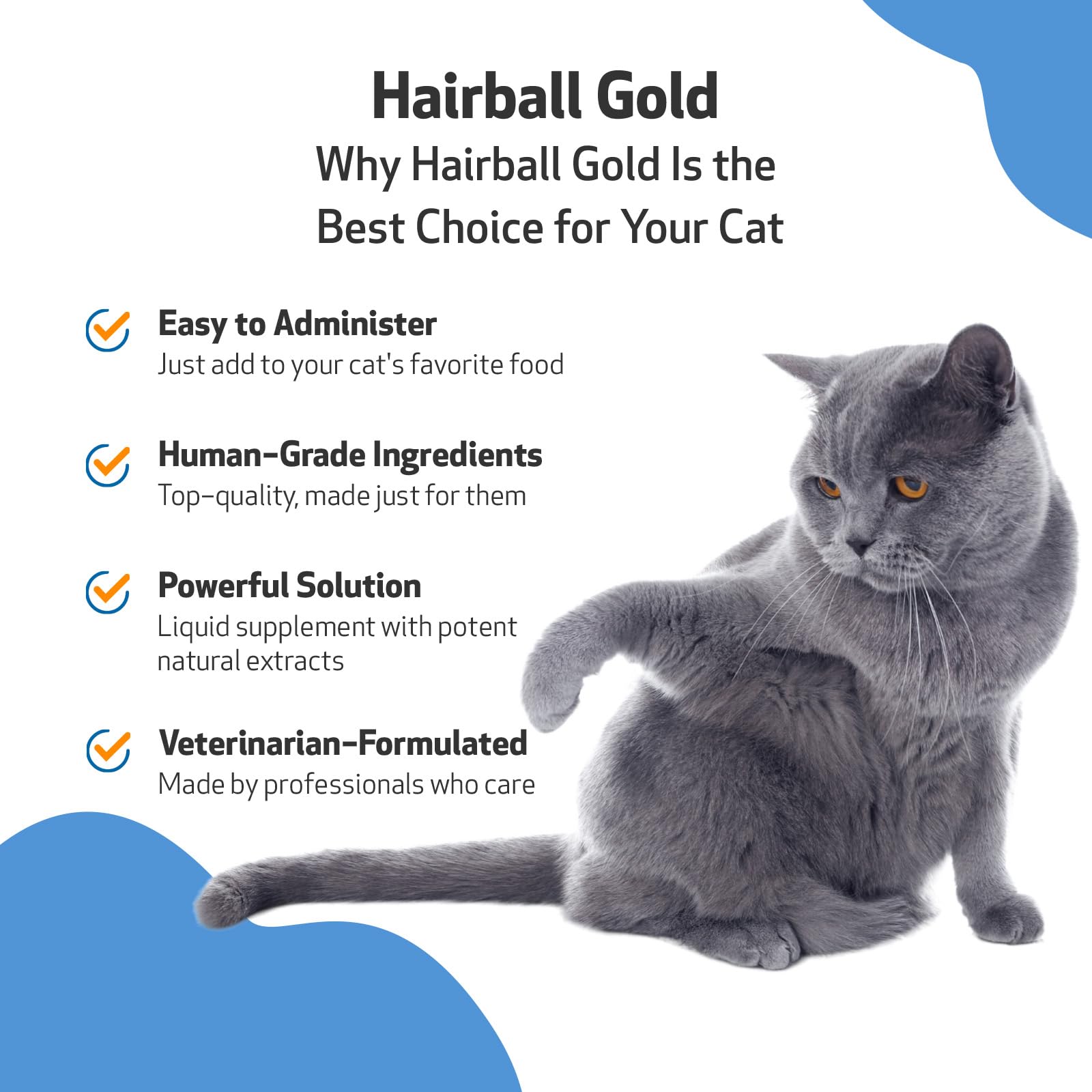 Pet Wellbeing Hairball Gold cat feeding scene illustrating simple dosing