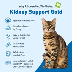 Pet Wellbeing Kidney Support Gold bottle pour aids easy dosing.
