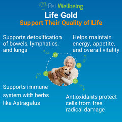 Pet Wellbeing Life Gold dog bottle pour demonstrates easy dosing and antioxidant protection