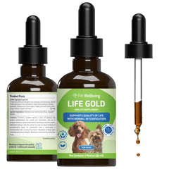 Pet Wellbeing Life Gold for Dogs bottle showing label emphasizing immune support
