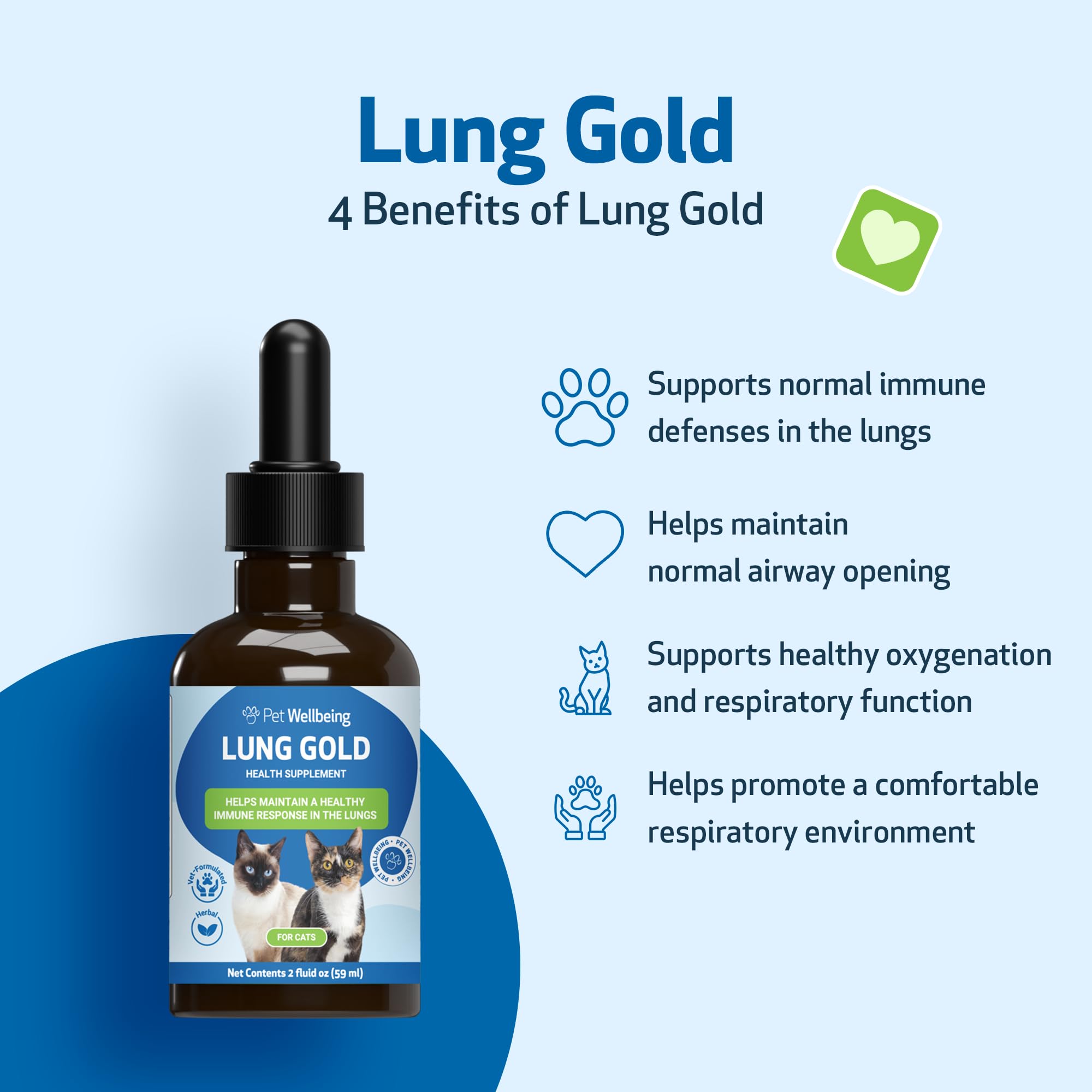 Pet Wellbeing Lung Gold for Cats liquid droplets in amber-toned formula