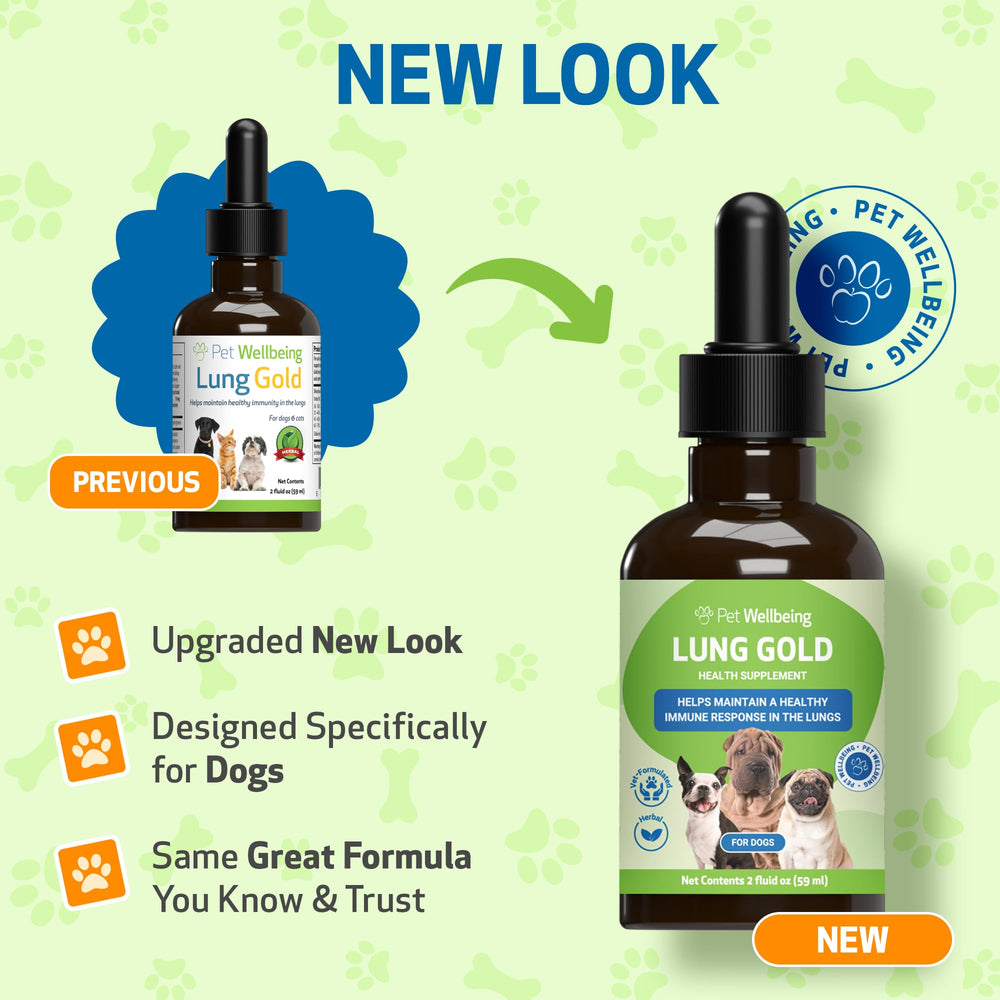 Pet Wellbeing Lung Gold liquid drops for easy dosing and respiratory support.