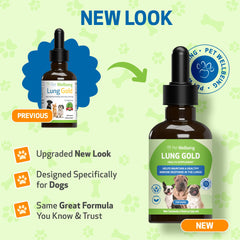 Pet Wellbeing Lung Gold liquid drops for easy dosing and respiratory support.