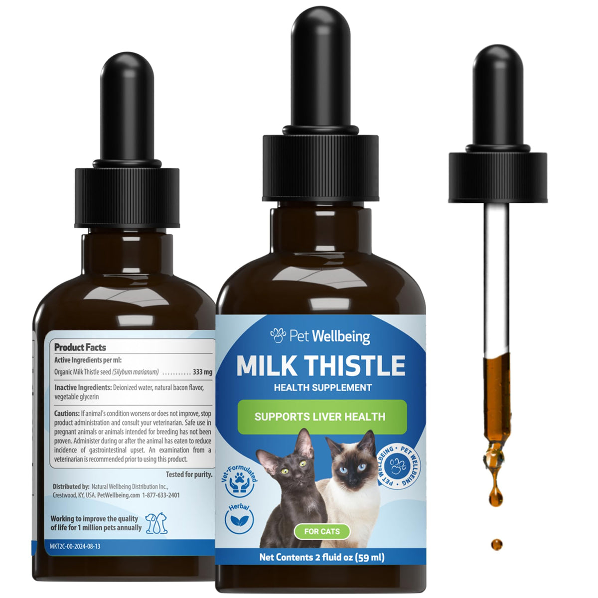 Pet Wellbeing Milk Thistle for Cats bottle supports daily liver health with organic extract.