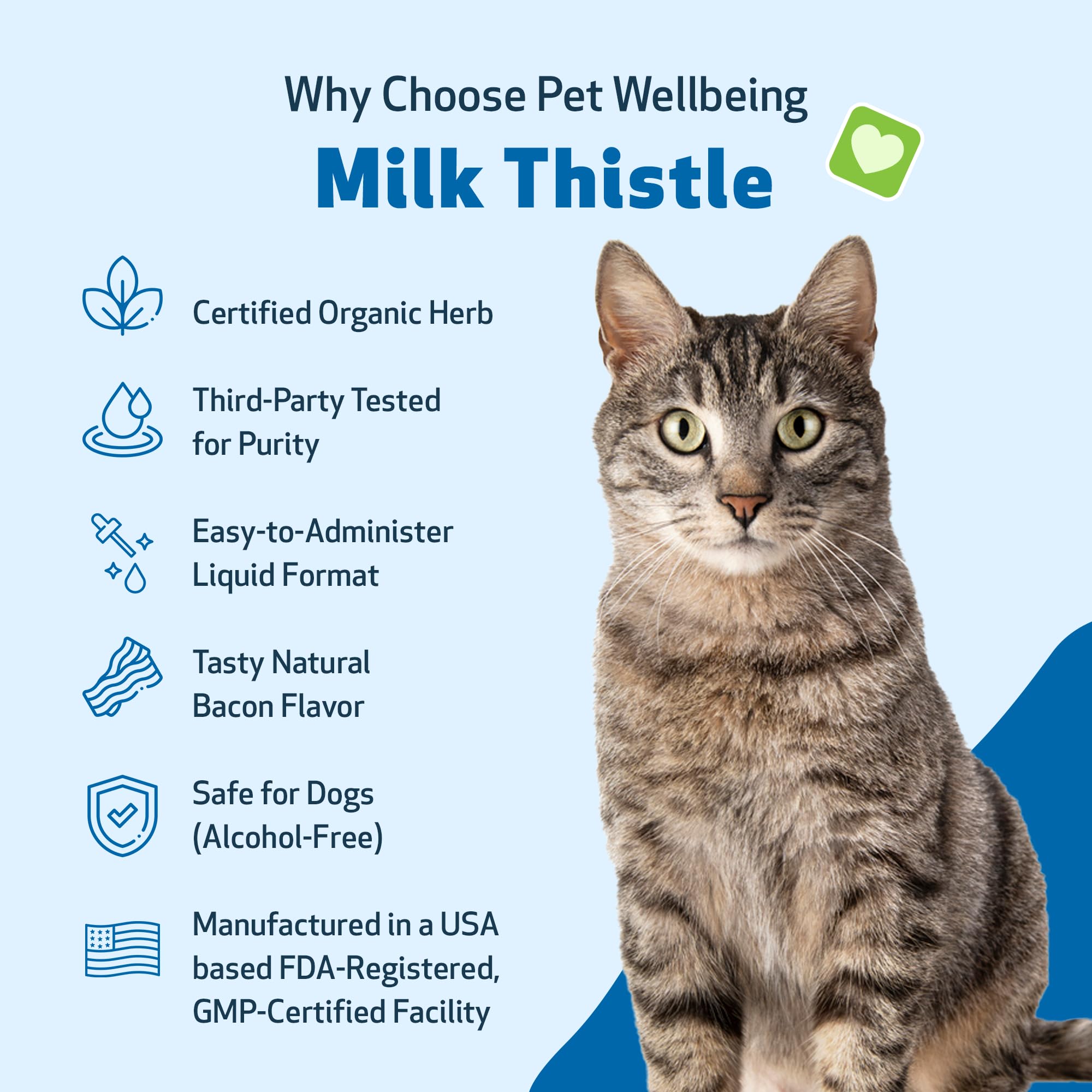 Pet Wellbeing Milk Thistle for Cats liquid pour enables alcohol-free, easy dosing.
