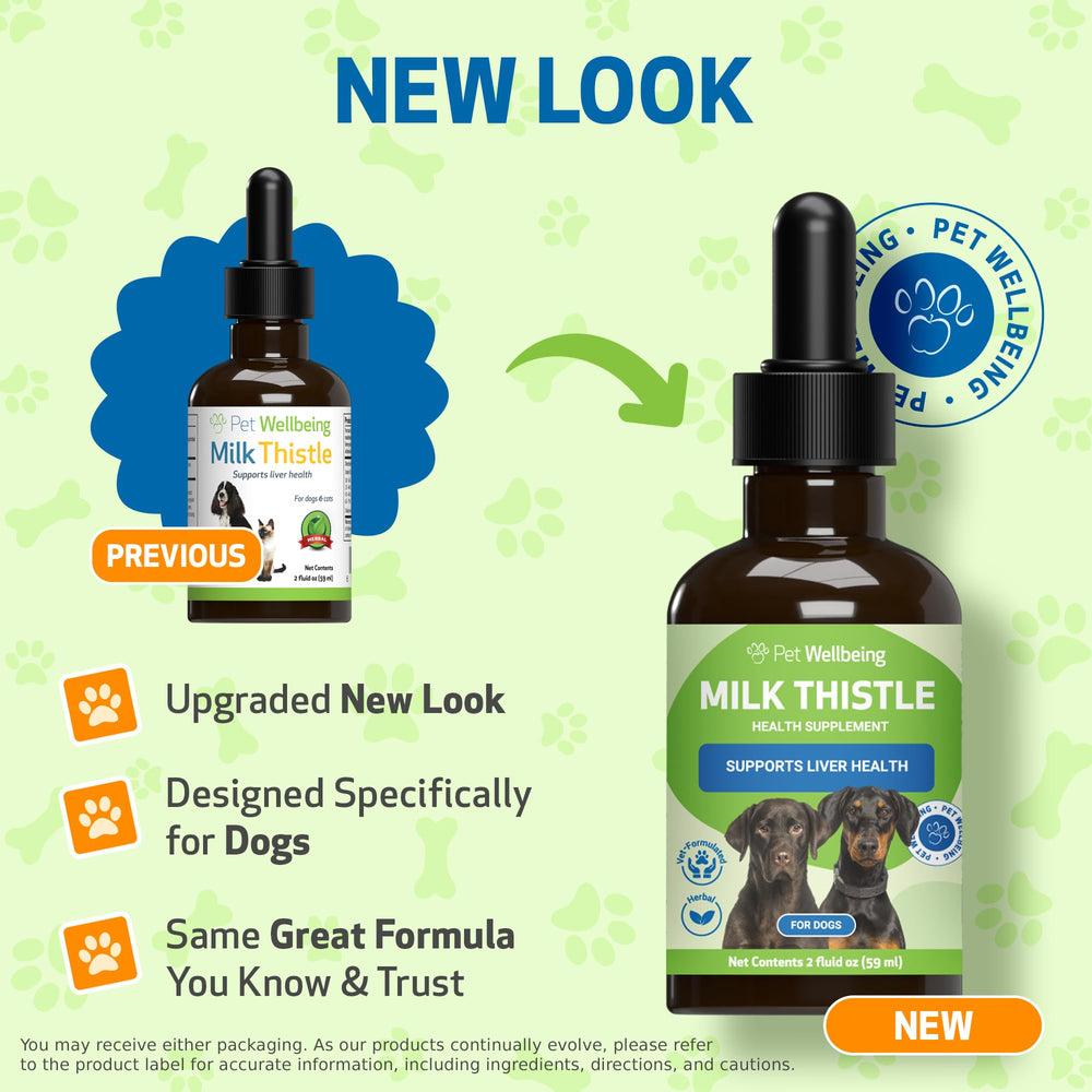 Pet Wellbeing Milk Thistle with herbal imagery reflects holistic wellness tradition for pets.