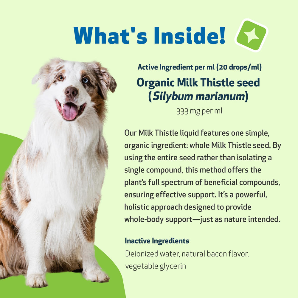 Pet Wellbeing Milk Thistle USA-made facility badge signals trusted production.