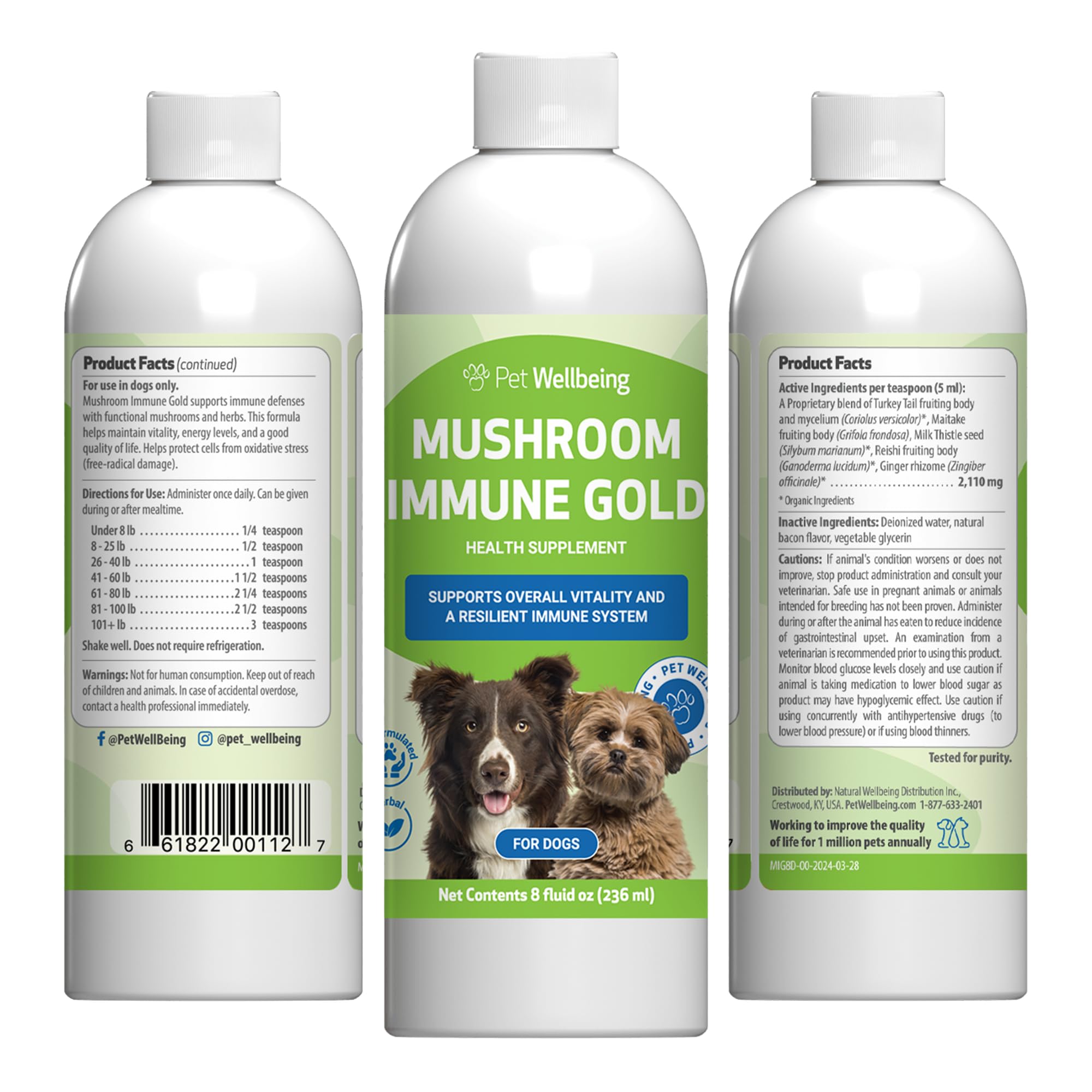 Pet Wellbeing Mushroom Immune Gold bottle pour showing easy dosing and immune support.