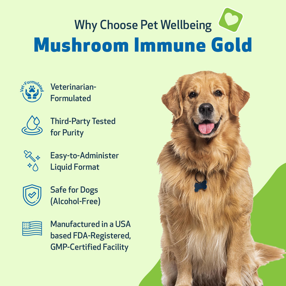 Pet Wellbeing Mushroom Immune Gold label close-up with functional mushrooms.