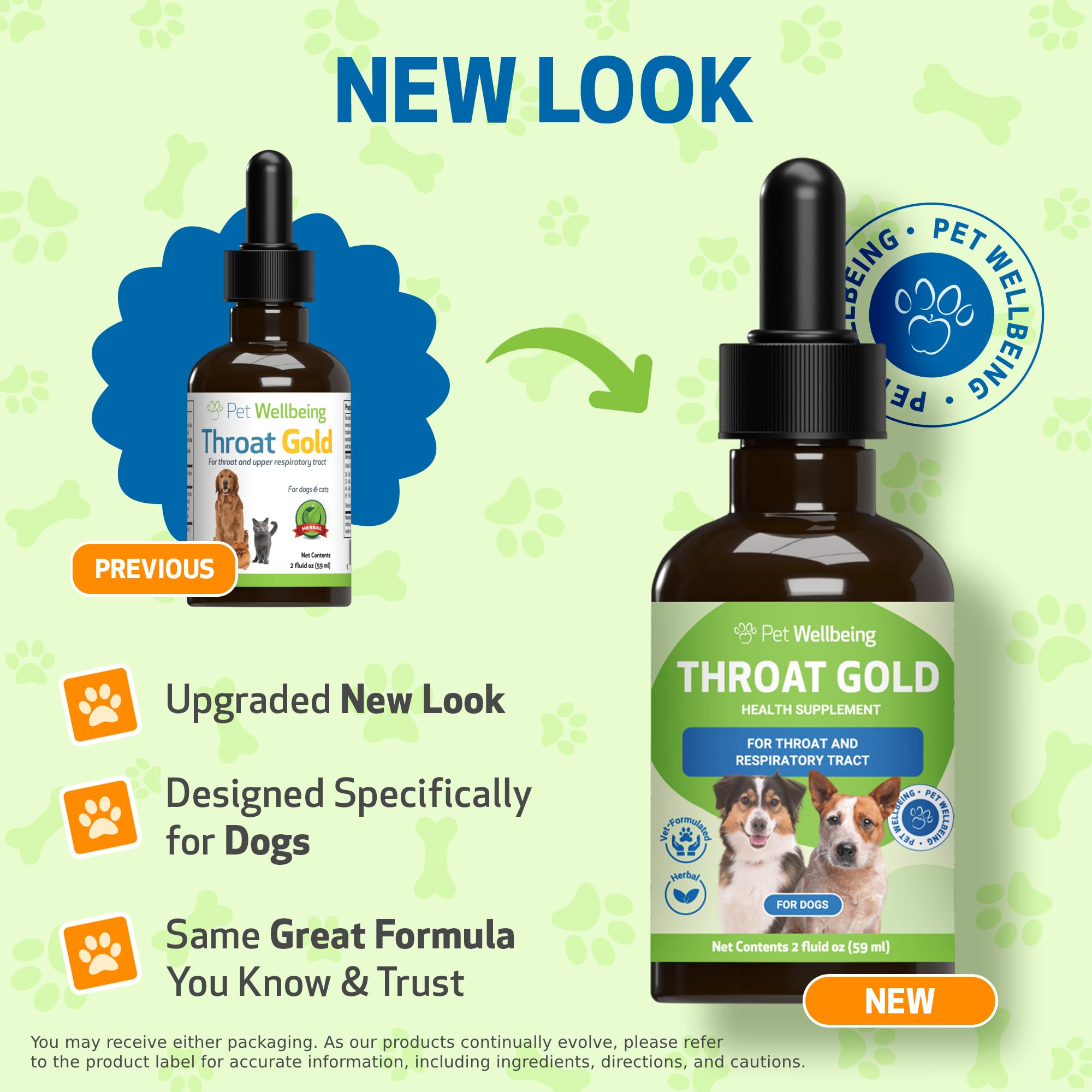 Pet Wellbeing Throat Gold bottle label highlights vet-formulated herbal blend.