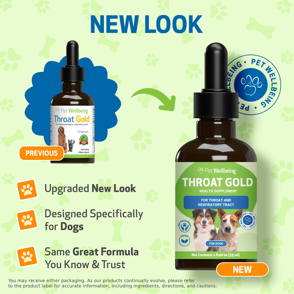 Pet Wellbeing Throat Gold bottle label highlights vet-formulated herbal blend.
