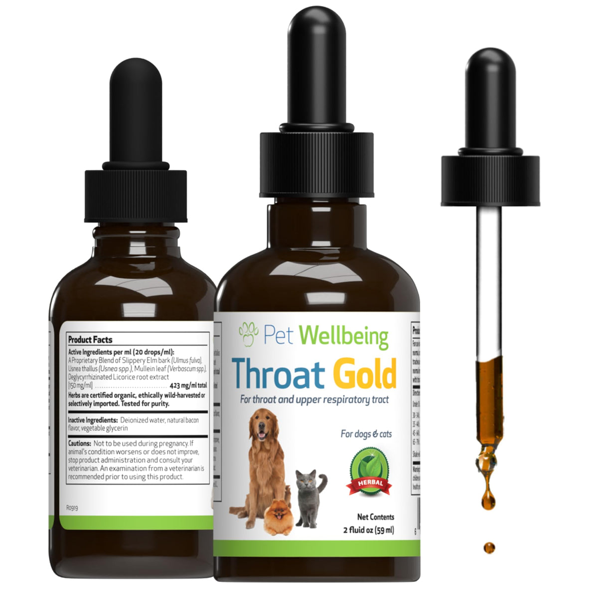 Pet Wellbeing Throat Gold bottle pour shows easy dosing for dogs seeking throat comfort.