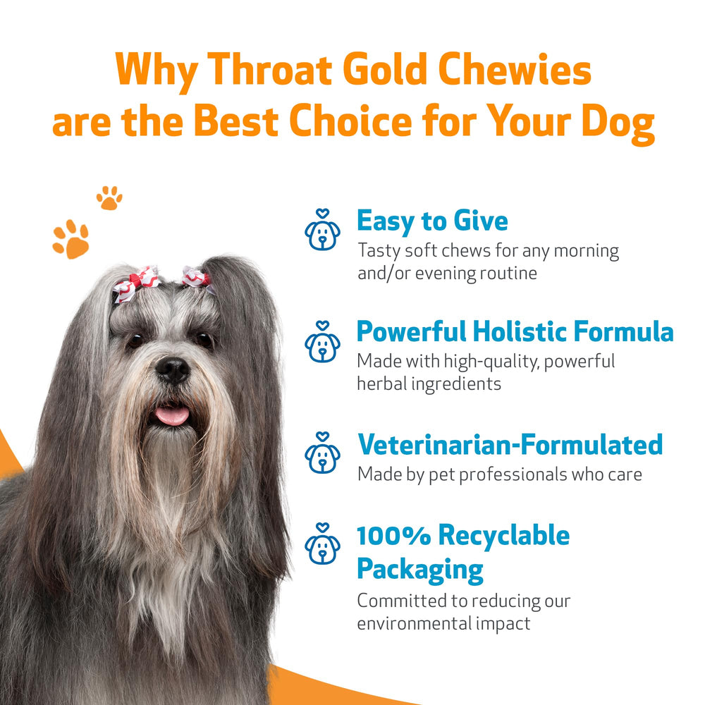 Label on Pet Wellbeing Throat Gold Chewies with USA-made facilities claim.