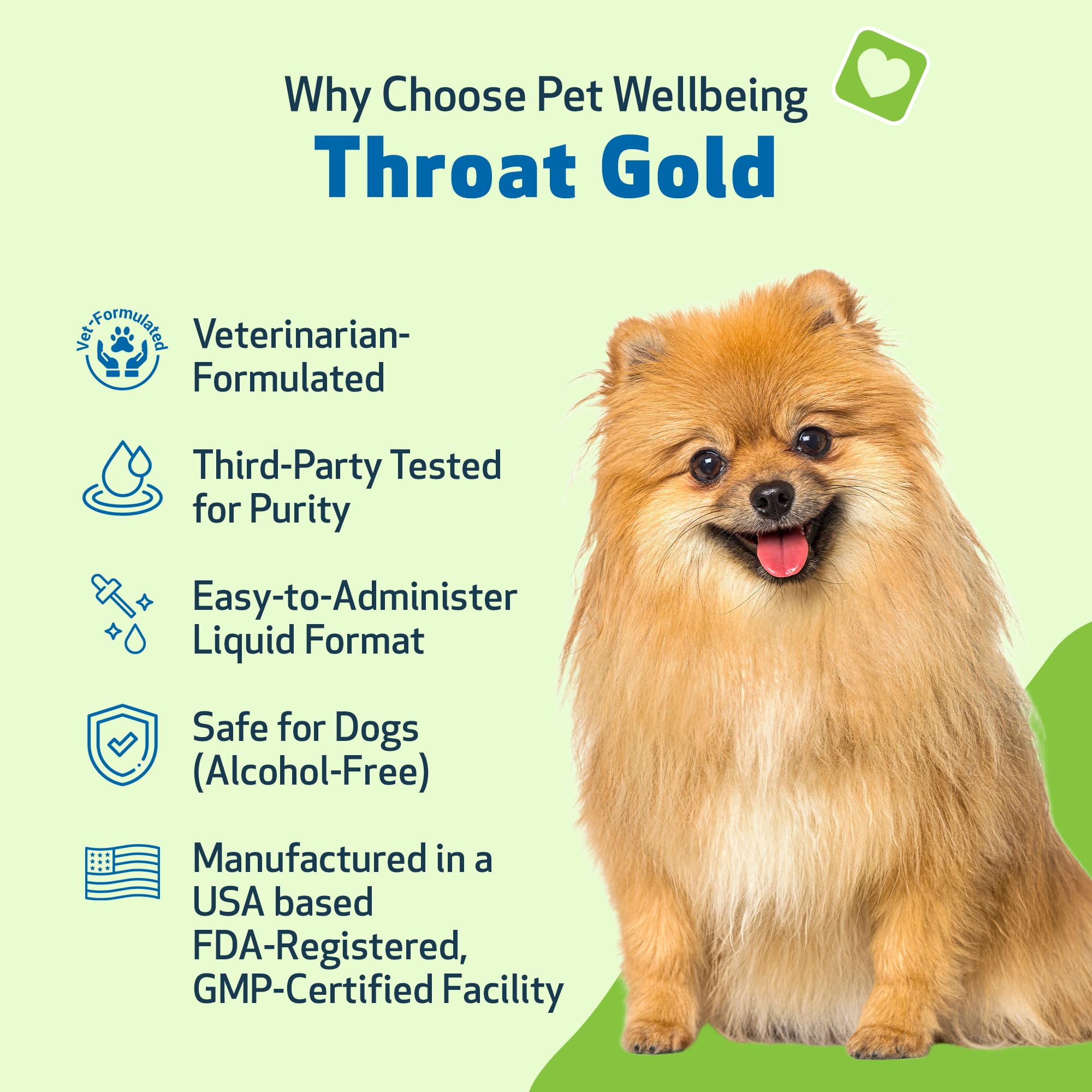 Pet Wellbeing Throat Gold packaging box conveys trusted USA-made quality.