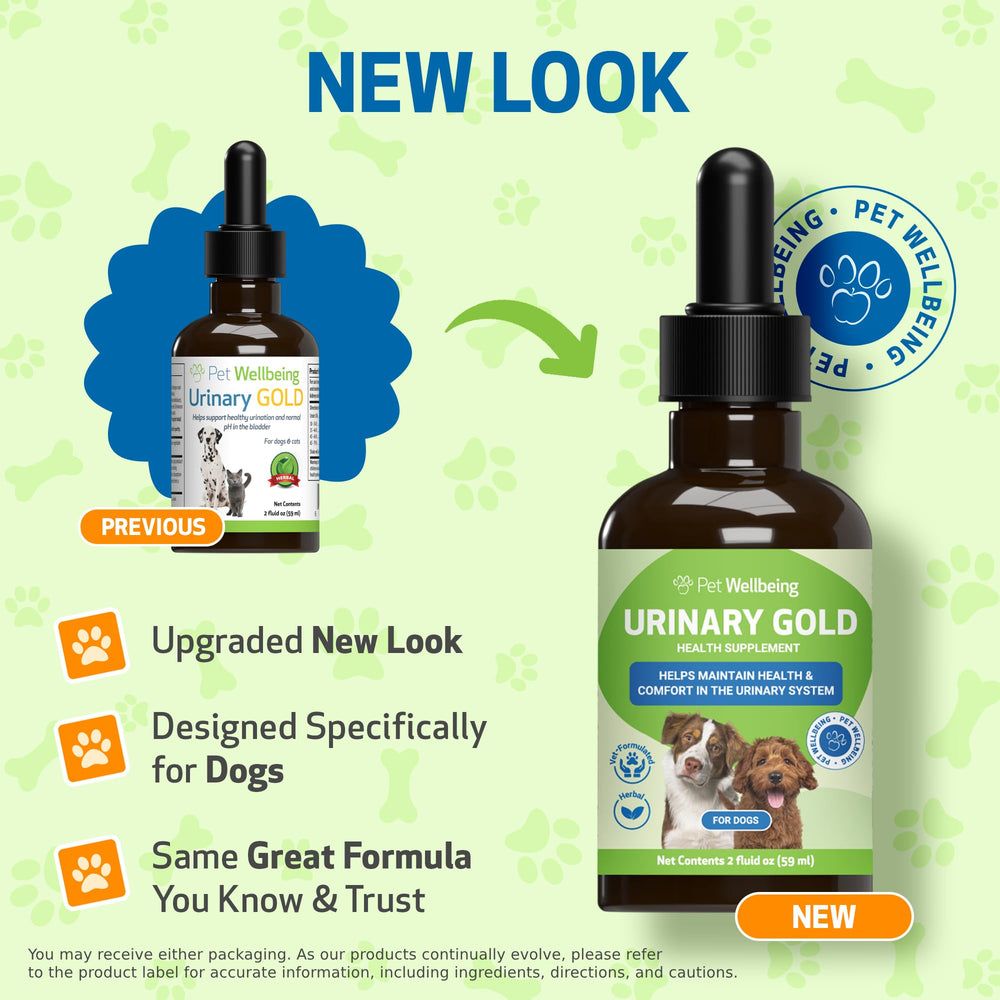 Pet Wellbeing Urinary Gold bottle front highlights vet-formulated urinary care