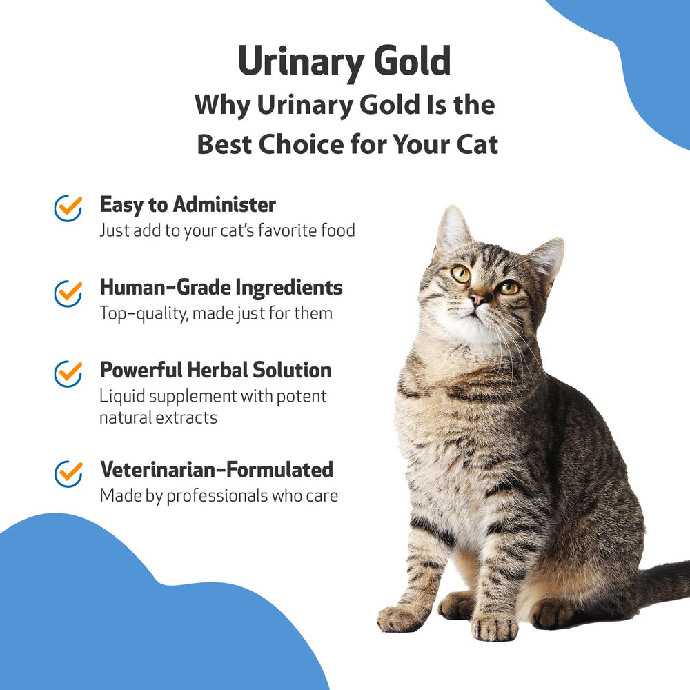 Pet Wellbeing Urinary Gold label and ingredients highlighting multi-herb urinary support for cats.