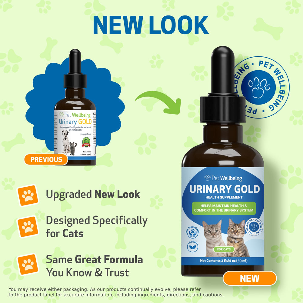 Pet Wellbeing Urinary Gold liquid formula poured over food to ease urinary discomfort in felines.
