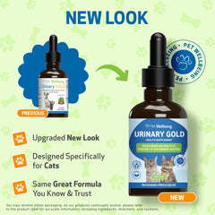 Pet Wellbeing Urinary Gold liquid formula poured over food to ease urinary discomfort in felines.