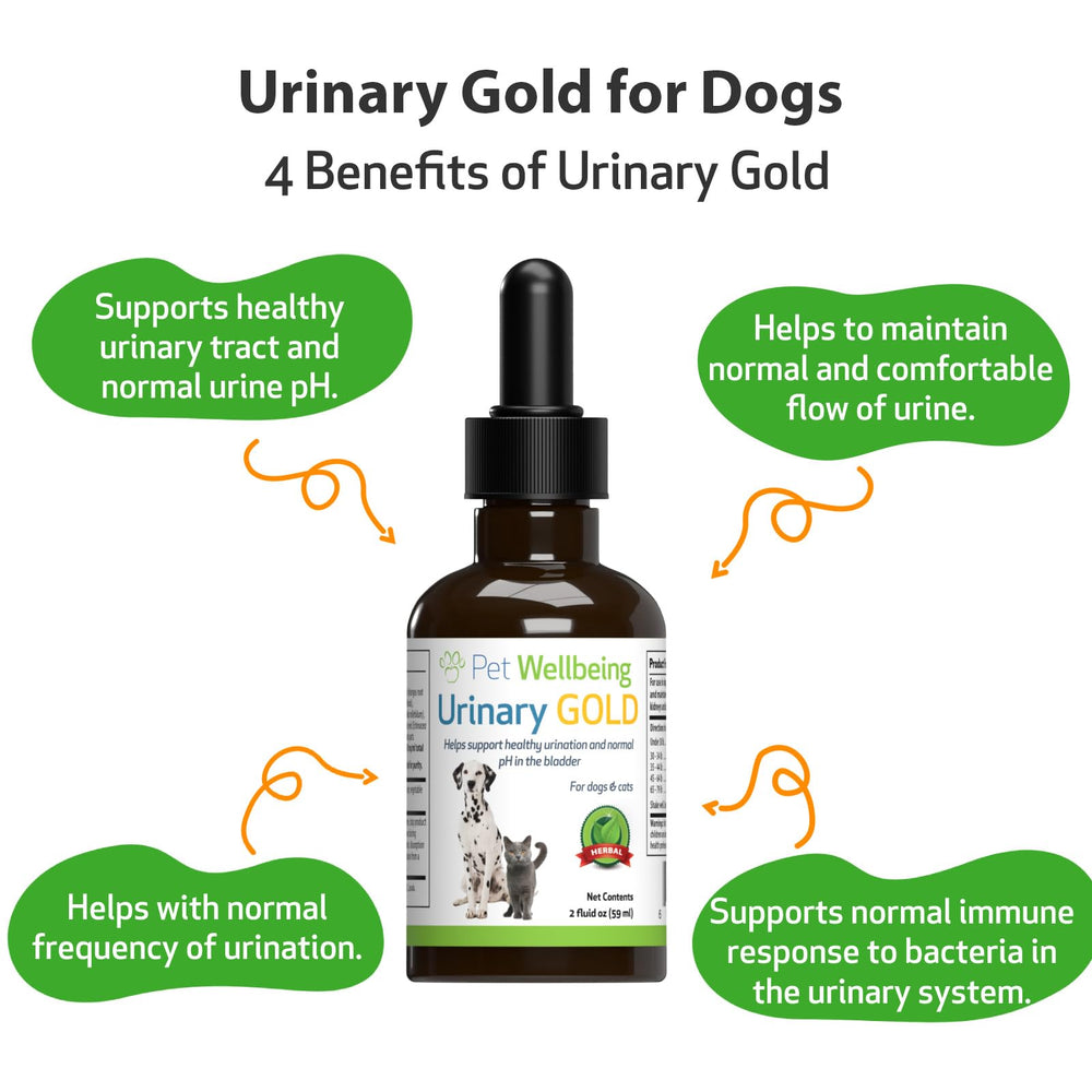 Pet Wellbeing Urinary Gold packaging closeup emphasizes natural ingredients